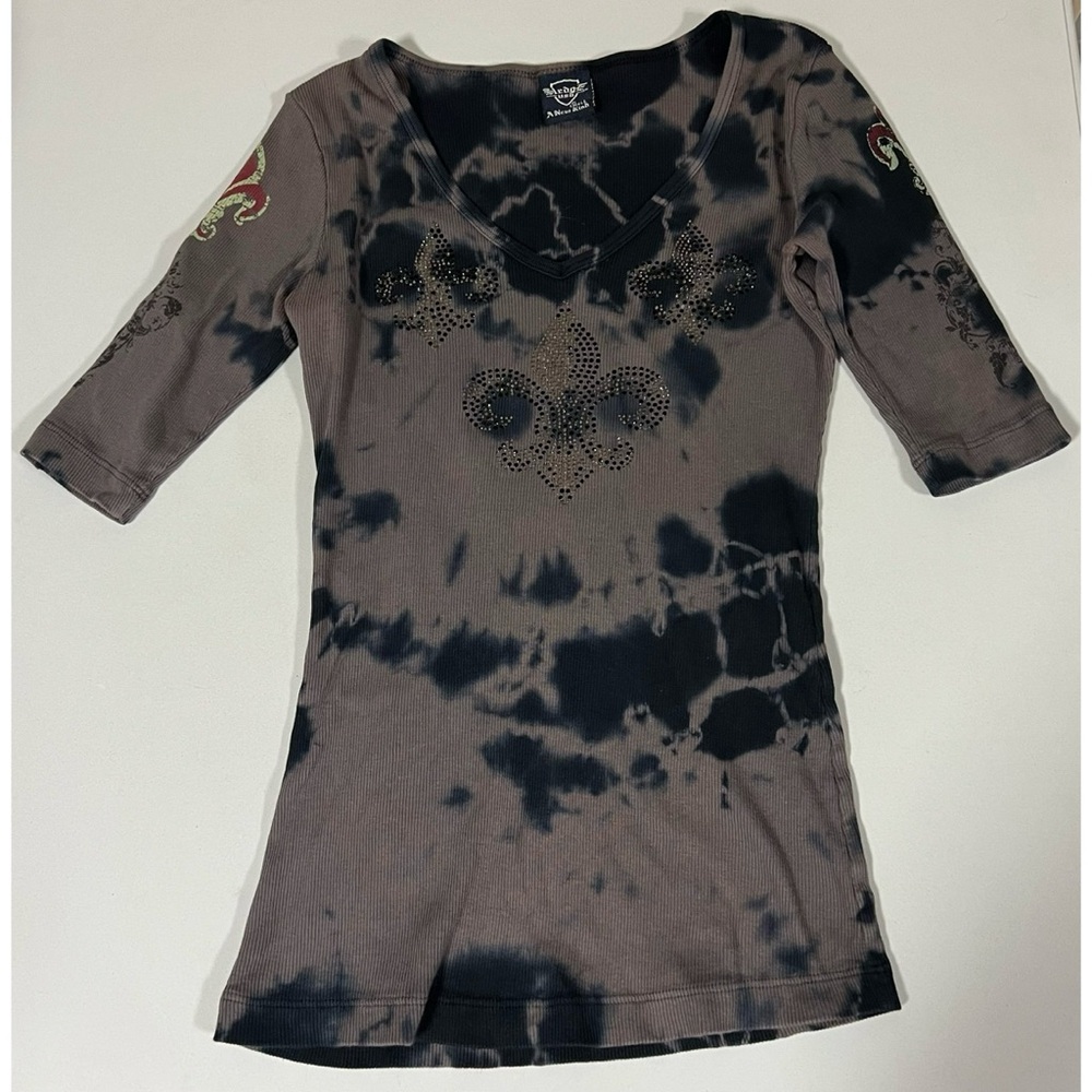 Sledge USA Black Acid-Wash Diamond Studded Y2K Shirt Top Blouse Tee Size S 🖤✨